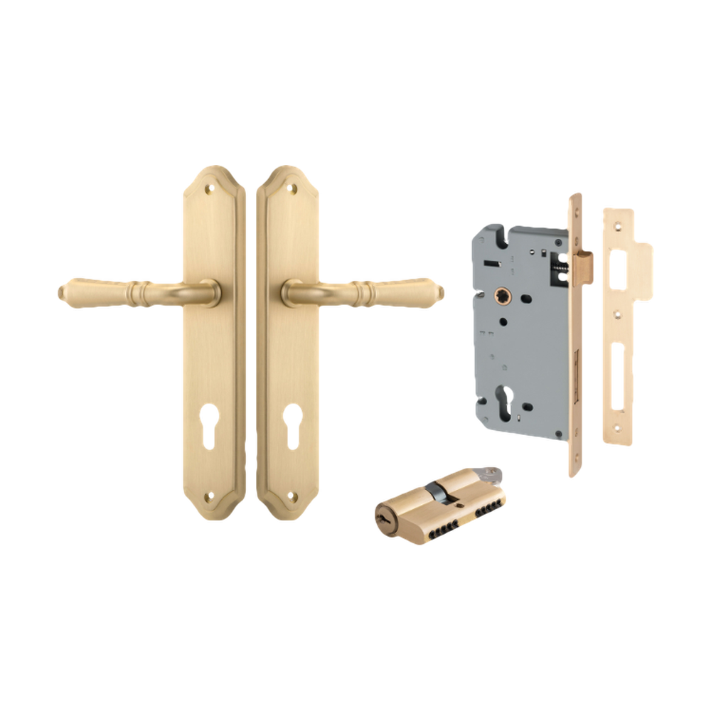 Door Lever Sarlat Shouldered Euro Brushed Brass CTC85mm H250xW48xP57mm Entrance Kit Mortice Lock Euro Brushed Brass CTC85mm Backset 60mm, Euro Cylinder Dual Function 5 Pin Brushed Brass L65mm KA1 in Brushed Brass