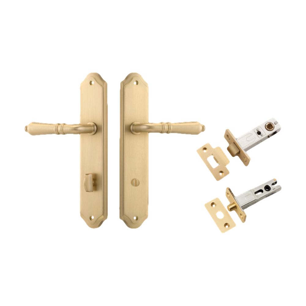 Door Lever Sarlat Shouldered Privacy Brushed Brass CTC85mm H250xW48xP57mm Privacy Kit Tube Latch Split Cam 'T' Striker Brushed Brass Backset 60mm, Privacy Bolt Round Bolt Brushed Brass Backset 60mm in Brushed Brass