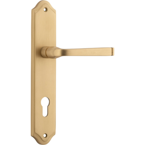 Pair of Iver Annecy lever handles on shouldered backplates, shown in a sleek metallic finish for interior door hardware.