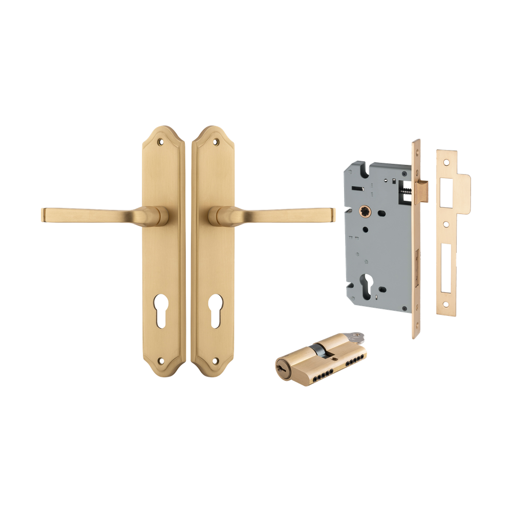 Door Lever Annecy Shouldered Euro Brushed Brass CTC85mm H240xW50xP65mm Entrance Kit Mortice Lock Euro Brushed Brass CTC85mm Backset 60mm, Euro Cylinder Dual Function 5 Pin Brushed Brass L65mm KA1 in Brushed Brass