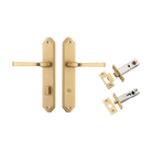 Door Lever Annecy Shouldered Privacy Brushed Brass CTC85mm H240xW50xP65mm Inbuilt Privacy Kit Tube Latch Split Cam 'T' Striker Brushed Brass Backset 60mm, Privacy Bolt Round Bolt Brushed Brass Backset 60mm in Brushed Brass