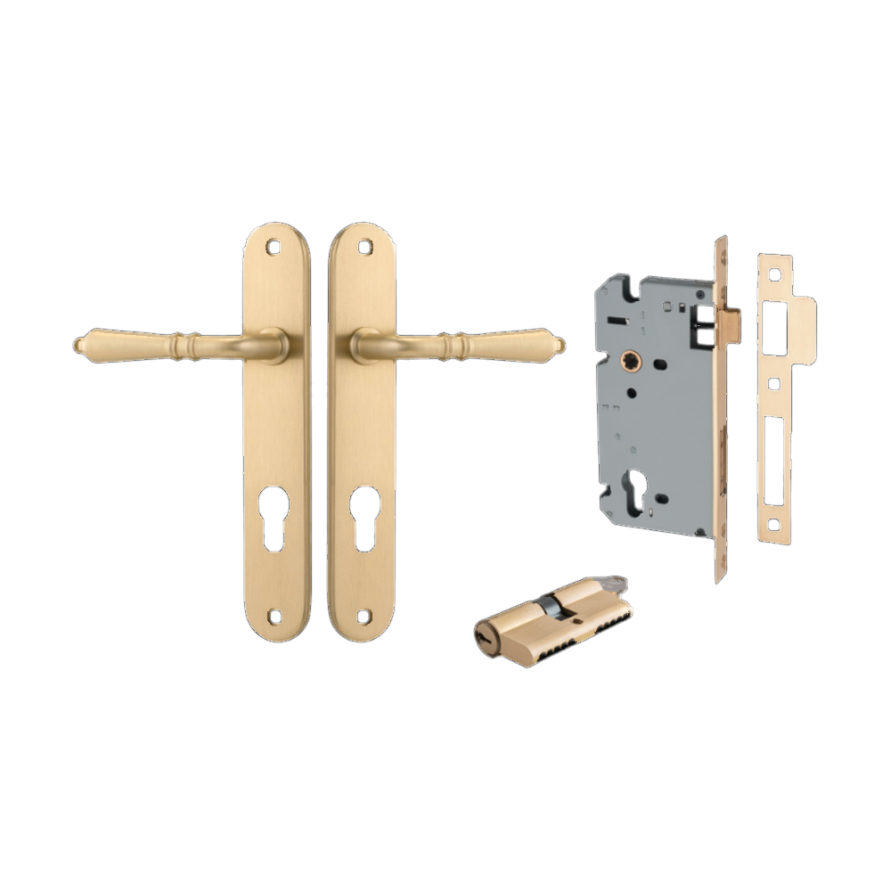 Door Lever Sarlat Oval Euro Brushed Brass CTC85mm H240xW40xP55mm Entrance Kit Mortice Lock Euro Brushed Brass CTC85mm Backset 60mm, Euro Cylinder Dual Function 5 Pin Brushed Brass L65mm KA1 in Brushed Brass