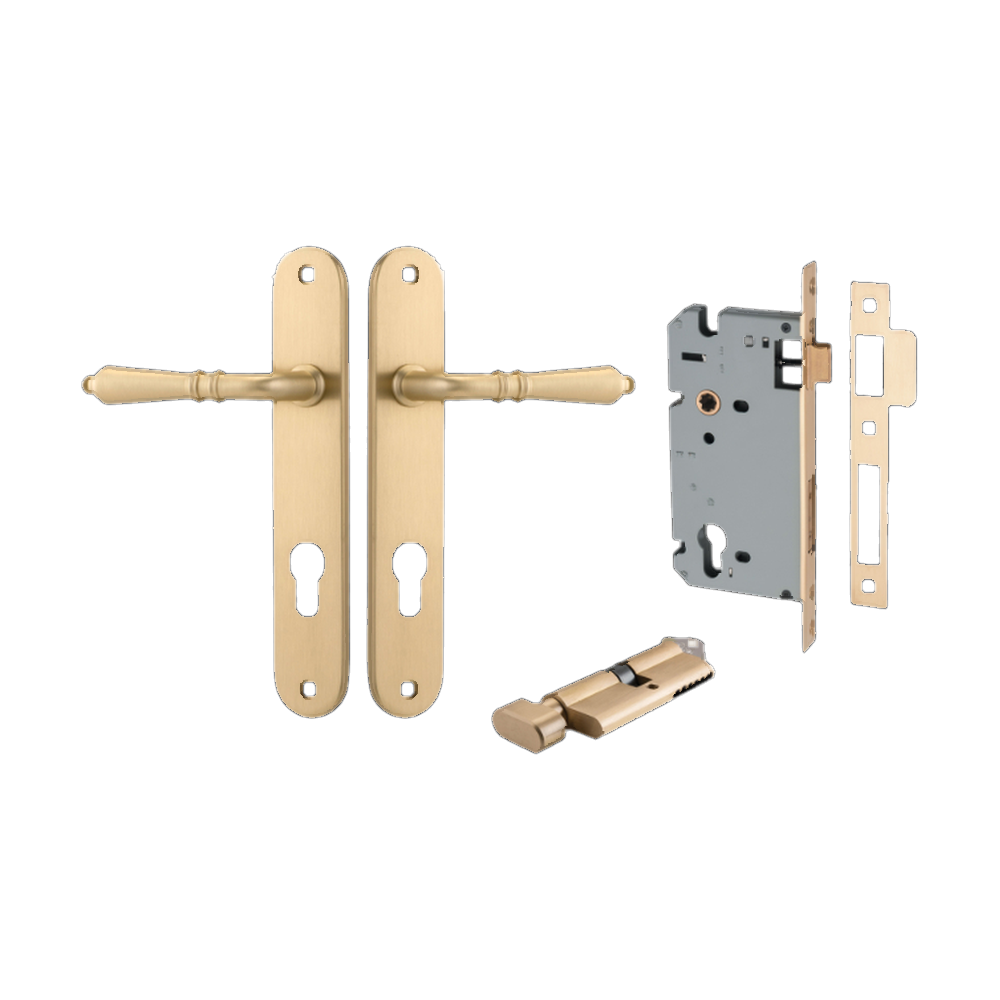 Door Lever Sarlat Oval Euro Brushed Brass CTC85mm H240xW40xP55mm Entrance Kit Mortice Lock Euro Brushed Brass CTC85mm Backset 60mm, Euro Cylinder Key Thumb 6 Pin Brushed Brass L70mm  
 KA1 in Brushed Brass