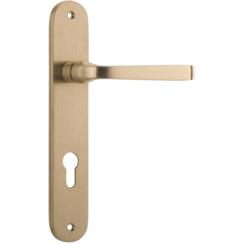 Door Lever Annecy Oval Euro Brushed Brass CTC85mm H230xW40xP62mm in Brushed Brass