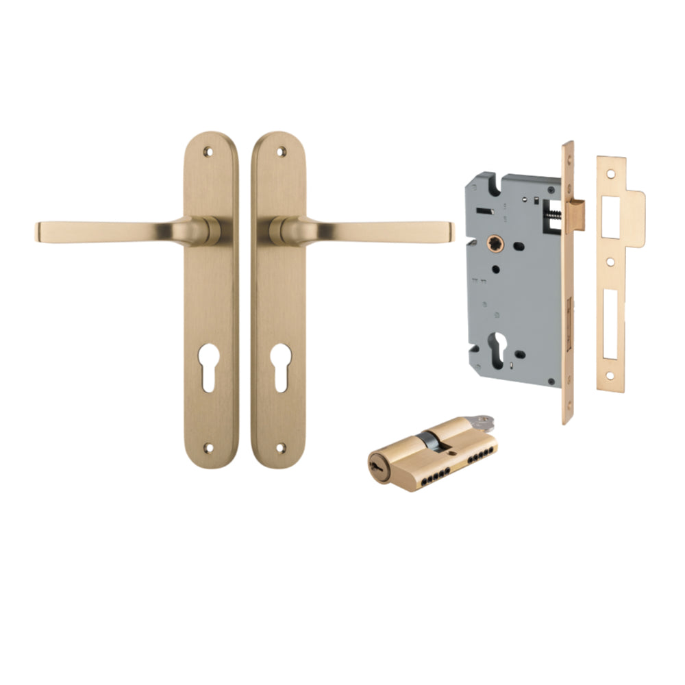 Door Lever Annecy Oval Euro Brushed Brass CTC85mm H240xW40xP62mm Entrance Kit, Mortice Lock Euro Brushed Brass CTC85mm Backset 60mm, Euro Cylinder Dual Function 5 Pin Brushed Brass L65mm KA1 in Brushed Brass