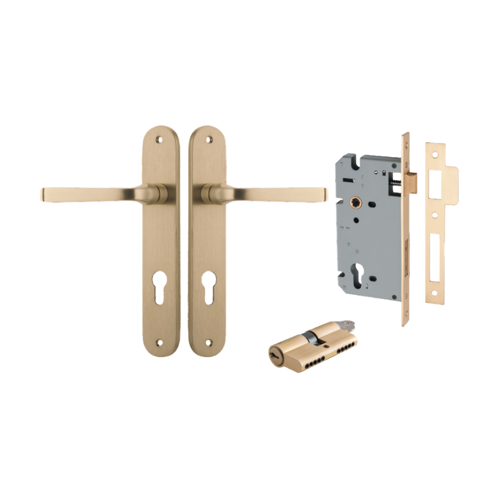 Door Lever Annecy Oval Euro Brushed Brass CTC85mm H240xW40xP62mm Entrance Kit Mortice Lock Euro Brushed Brass CTC85mm Backset 60mm, Euro Cylinder Dual Function 5 Pin Brushed Brass L65mm KA1 in Brushed Brass
