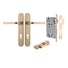 Pair of Iver Annecy lever door handles with oval backplate, polished brass finish, shown on a door.