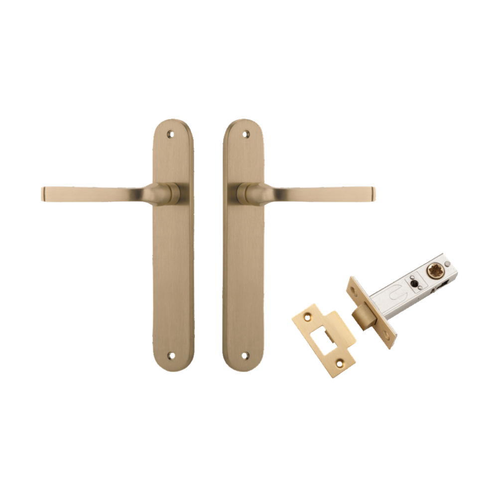 Door Lever Annecy Oval Latch Brushed Brass H240xW40xP62mm Passage Kit Tube Latch Split Cam 'T' Striker Brushed Brass Backset 60mm in Brushed Brass