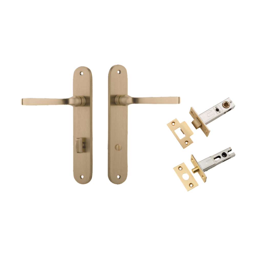 Door Lever Annecy Oval Privacy Brushed Brass CTC85mm H240xW40xP62mm Inbuilt Privacy Kit Tube Latch Split Cam 'T' Striker Brushed Brass Backset 60mm, Privacy Bolt Round Bolt Brushed Brass Backset 60mm in Brushed Brass