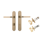 Door Lever Annecy Oval Privacy Brushed Brass CTC85mm H240xW40xP62mm Inbuilt Privacy Kit Tube Latch Split Cam 'T' Striker Brushed Brass Backset 60mm, Privacy Bolt Round Bolt Brushed Brass Backset 60mm in Brushed Brass