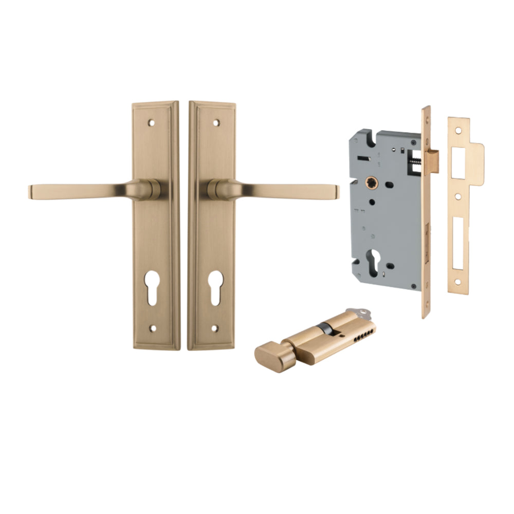 Door Lever Annecy Stepped Euro Brushed Brass CTC85mm H240xW50xP65mm Entrance Kit, Mortice Lock Euro Brushed Brass CTC85mm Backset 60mm, Euro Cylinder Key Thumb 6 Pin Brushed Brass L70mm  _x005F

 KA1 in Brushed Brass