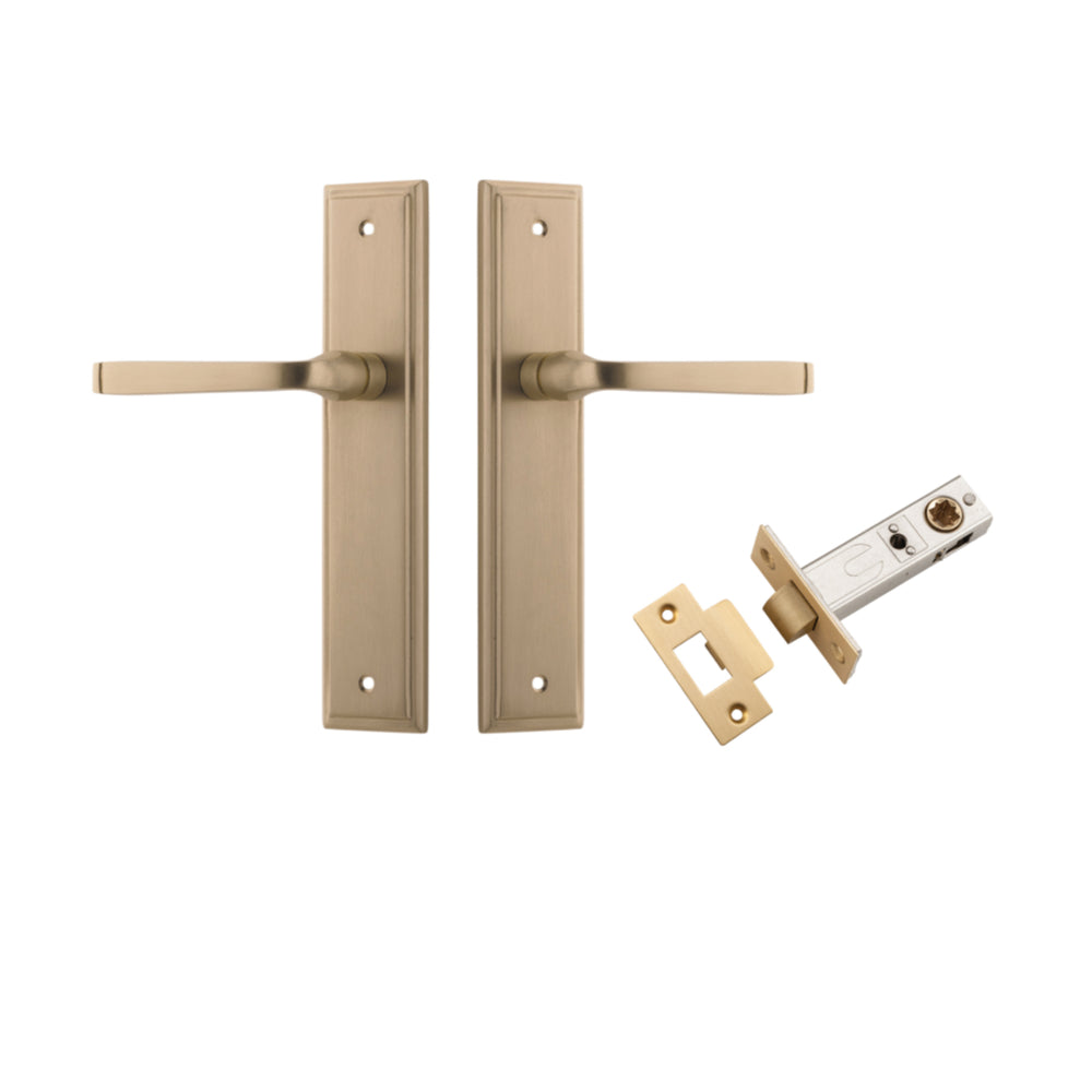 Door Lever Annecy Stepped Latch Brushed Brass H240xW50xP65mm Passage Kit, Tube Latch Split Cam 'T' Striker Brushed Brass Backset 60mm in Brushed Brass