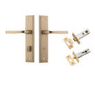 Pair of Iver Annecy lever door handles on stepped backplates, with polished brass finish, shown on an elegant door.