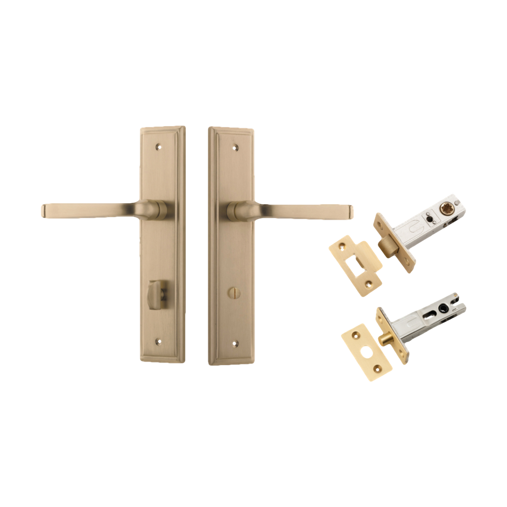 Door Lever Annecy Stepped Privacy Brushed Brass CTC85mm H240xW50xP65mm Inbuilt Privacy Kit, Tube Latch Split Cam 'T' Striker Brushed Brass Backset 60mm, Privacy Bolt Round Bolt Brushed Brass Backset 60mm in Brushed Brass