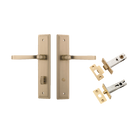 Door Lever Annecy Stepped Privacy Brushed Brass CTC85mm H240xW50xP65mm Inbuilt Privacy Kit, Tube Latch Split Cam 'T' Striker Brushed Brass Backset 60mm, Privacy Bolt Round Bolt Brushed Brass Backset 60mm in Brushed Brass