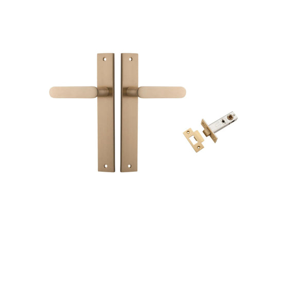 Door Lever Bronte on Long Backplate Brushed Brass L117xP53mm BPH240xW38mm Passage Kit, Tube Latch Split Cam 'T' Striker Brushed Brass Backset 60mm in Brushed Brass