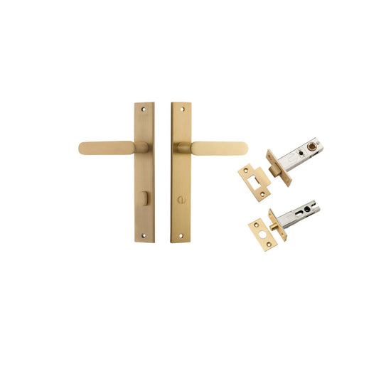 Door Lever Bronte  on Long Backplate Privacy Brushed Brass CTC85mm L117xP53mm BPH240xW38mm Privacy Kit, Tube Latch Split Cam 'T' Striker Brushed Brass Backset 60mm, Privacy Bolt Round Bolt Brushed Brass Backset 60mm in Brushed Brass