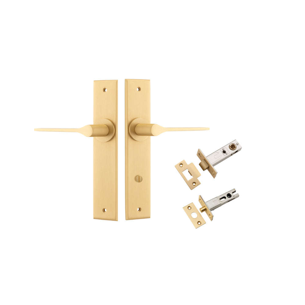 Door Lever Como Chamfered Privacy Brushed Brass CTC85mm L119xP61mm BPH240xW50mm Privacy Kit Tube Latch Split Cam 'T' Striker Brushed Brass Backset 60mm, Privacy Bolt Round Bolt Brushed Brass Backset 60mm in Brushed Brass