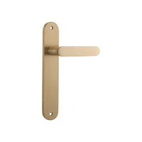 Pair of Iver Bronte lever door handles on oval backplates with a modern, sleek design for interior doors.