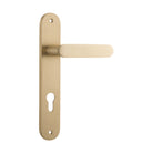 Pair of Iver Bronte lever door handles on oval backplates, featuring elegant metal finish and classic design.