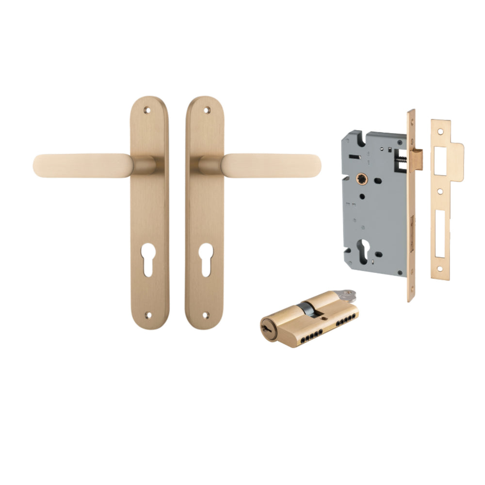 Door Lever Bronte Oval Euro Pair Brushed Brass CTC85mm L117xP53mm BPH240xW40mm, Mortice Lock Euro Brushed Brass CTC85mm Backset 60mm, Euro Cylinder Dual Function 5 Pin Brushed Brass 65mm KA4 in Brushed Brass