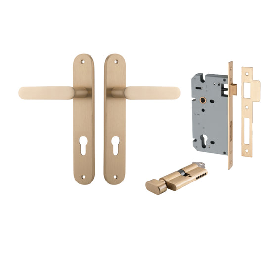 Door Lever Bronte Oval Euro Pair Brushed Brass CTC85mm L117xP53mm BPH240xW40mm, Mortice Lock Euro Brushed Brass CTC85mm Backset 60mm, Euro Cylinder Key Thumb 5 Pin Brushed Brass 65mm KA4 in Brushed Brass