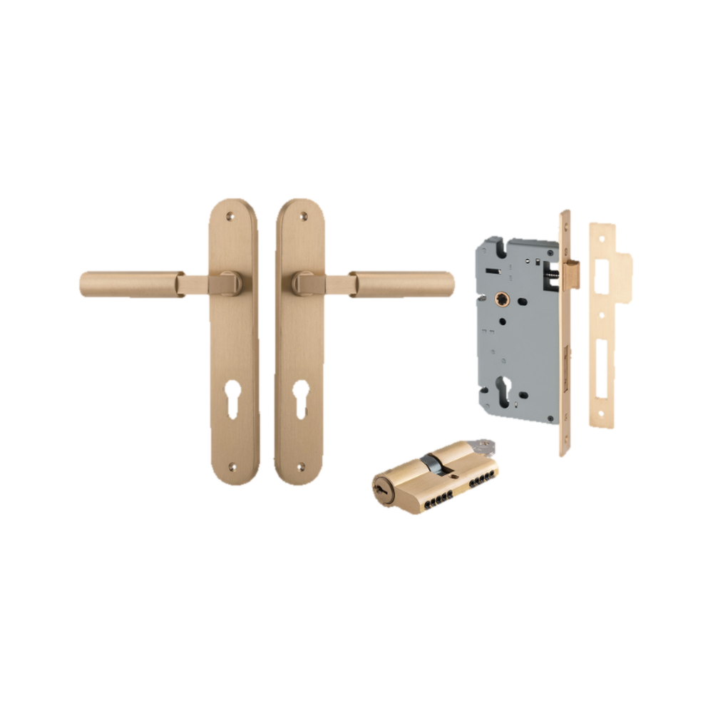 Door Lever Berlin Oval Euro Pair Brushed Brass CTC85mm L120xP57mm BPH240xW40mm Mortice Lock Euro Brushed Brass CTC85mm Backset 60mm, Euro Cylinder Dual Function 5 Pin Brushed Brass 65mm KA4 in Brushed Brass