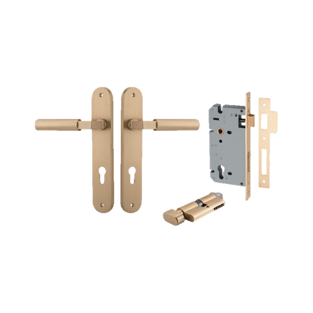 Door Lever Berlin Oval Euro Pair Brushed Brass CTC85mm L120xP57mm BPH240xW40mm Mortice Lock Euro Brushed Brass CTC85mm Backset 60mm, Euro Cylinder Key Thumb 5 Pin Brushed Brass 65mm KA4 in Brushed Brass