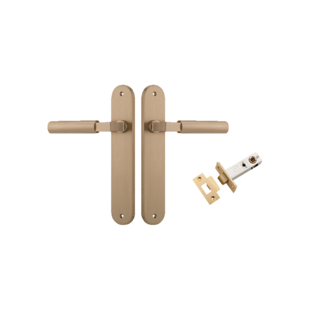 Door Lever Berlin Oval Brushed Brass L120xP57mm BPH240xW40mm Passage Kit Tube Latch Split Cam 'T' Striker Brushed Brass Backset 60mm in Brushed Brass