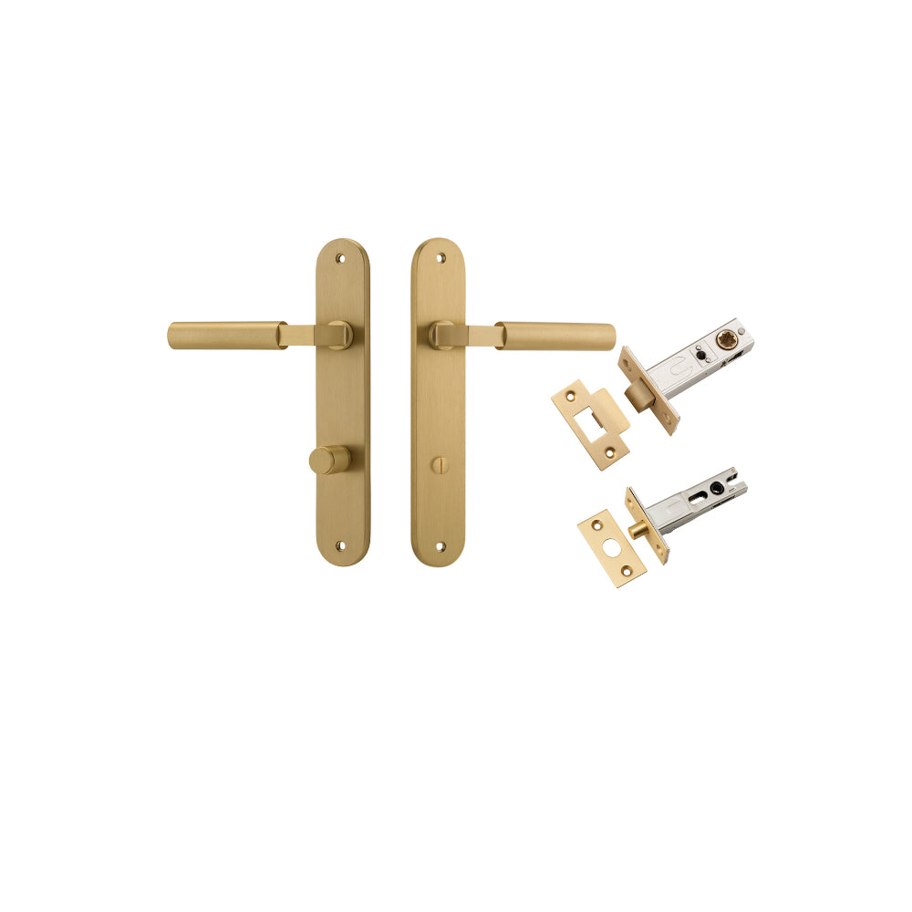 Door Lever Berlin Oval Privacy Brushed Brass CTC85mm L120xP57mm BPH240xW40mm Privacy Kit Tube Latch Split Cam 'T' Striker Brushed Brass Backset 60mm, Privacy Bolt Round Bolt Brushed Brass Backset 60mm in Brushed Brass