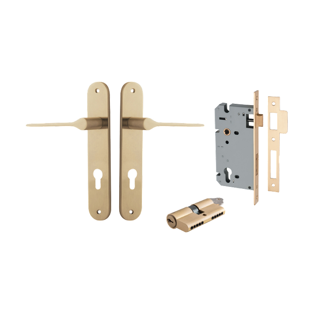Door Lever Como Oval Euro Pair Brushed Brass CTC85mm L119xP59mm BPH240xW40mm Mortice Lock Euro Brushed Brass CTC85mm Backset 60mm, Euro Cylinder Dual Function 5 Pin Brushed Brass 65mm KA4 in Brushed Brass