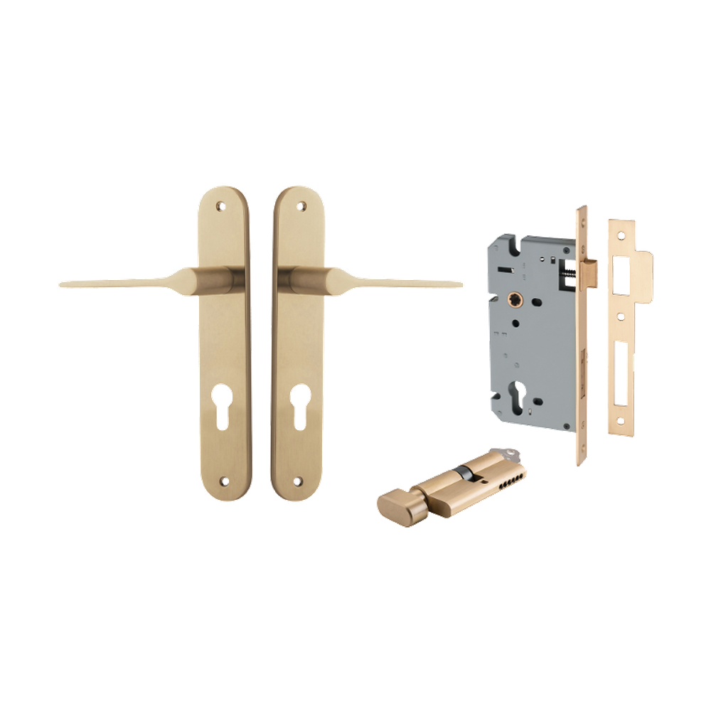 Door Lever Como Oval Euro Pair Brushed Brass CTC85mm L119xP59mm BPH240xW40mm Mortice Lock Euro Brushed Brass CTC85mm Backset 60mm, Euro Cylinder Key Thumb 5 Pin Brushed Brass 65mm KA4 in Brushed Brass