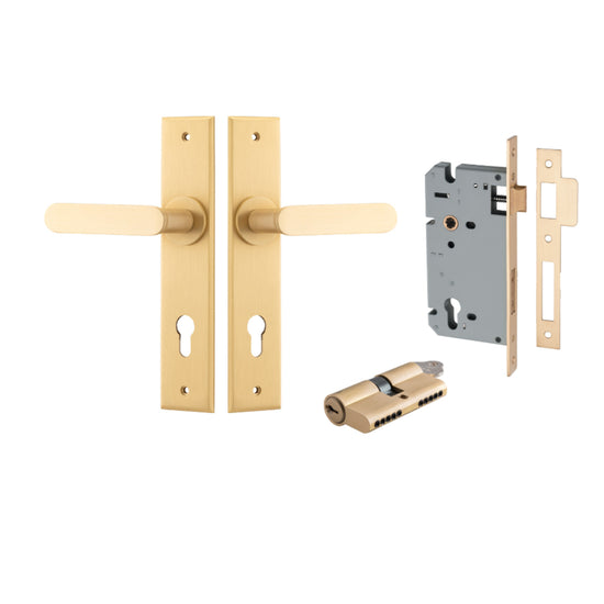 Door Lever Bronte Chamfered Euro Pair Brushed Brass CTC85mm L117xP55mm BPH240xW50mm, Mortice Lock Euro Brushed Brass CTC85mm Backset 60mm, Euro Cylinder Dual Function 5 Pin Brushed Brass 65mm KA4 in Brushed Brass