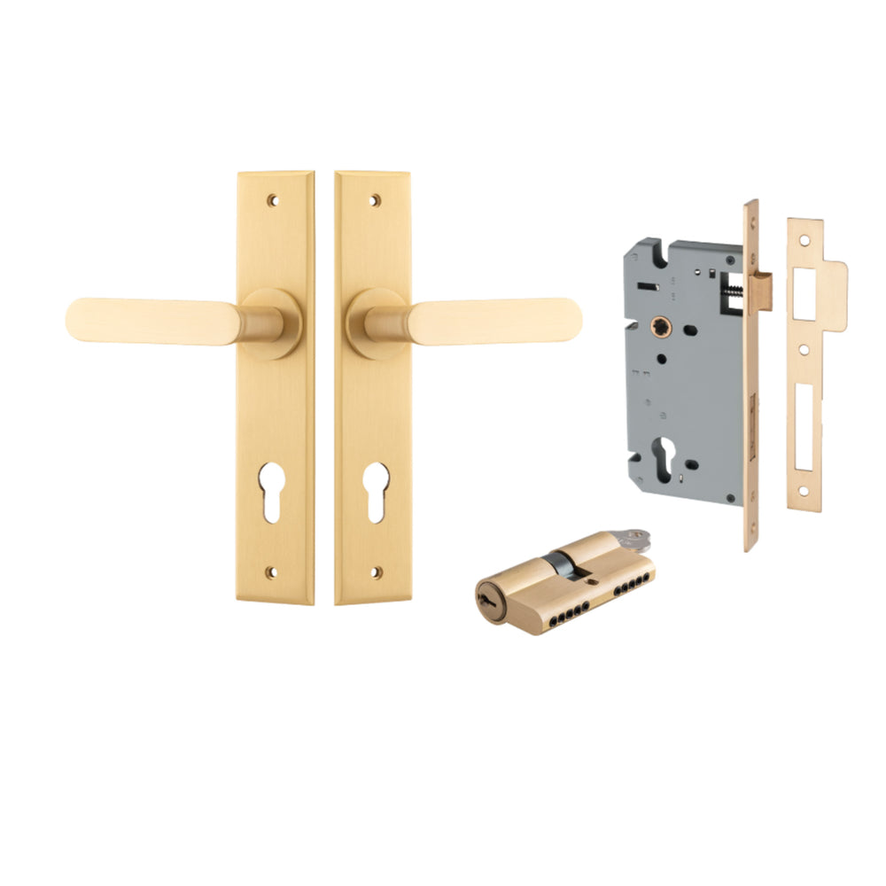 Door Lever Bronte Chamfered Euro Pair Brushed Brass CTC85mm L117xP55mm BPH240xW50mm, Mortice Lock Euro Brushed Brass CTC85mm Backset 60mm, Euro Cylinder Dual Function 5 Pin Brushed Brass 65mm KA4 in Brushed Brass