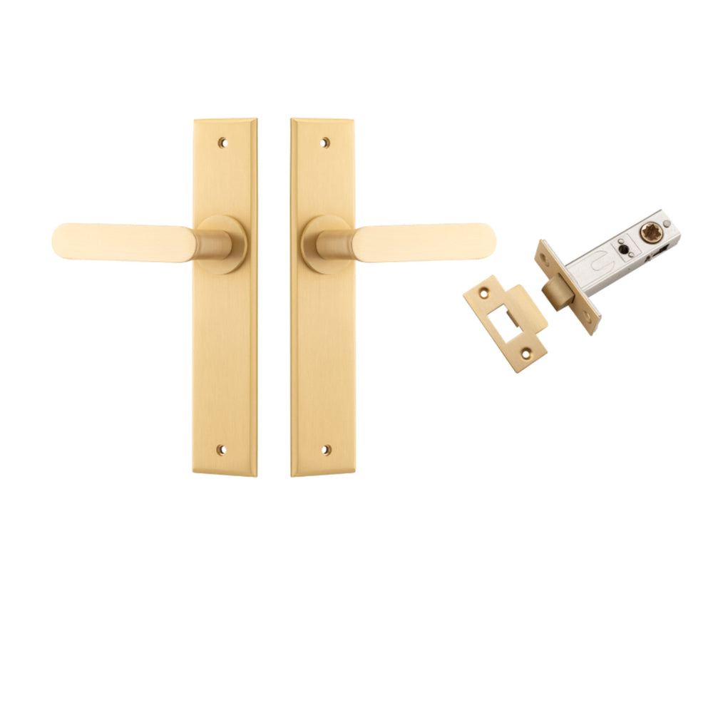 Door Lever Bronte Chamfered Brushed Brass L117xP55mm BPH240xW50mm Passage Kit, Tube Latch Split Cam 'T' Striker Brushed Brass Backset 60mm in Brushed Brass