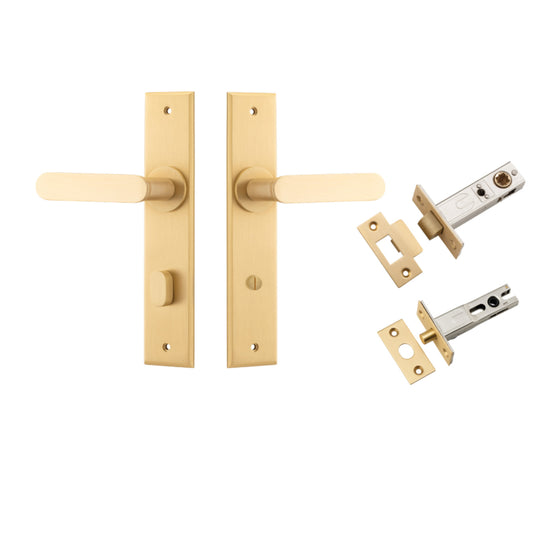 Door Lever Bronte  Chamfered Privacy Brushed Brass CTC85mm L117xP55mm BPH240xW50mm Privacy Kit, Tube Latch Split Cam 'T' Striker Brushed Brass Backset 60mm, Privacy Bolt Round Bolt Brushed Brass Backset 60mm in Brushed Brass