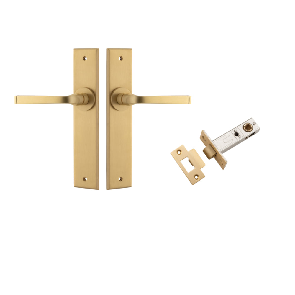Pair of Iver Annecy lever door handles with chamfered backplates, featuring a sleek, modern design in a brushed finish.