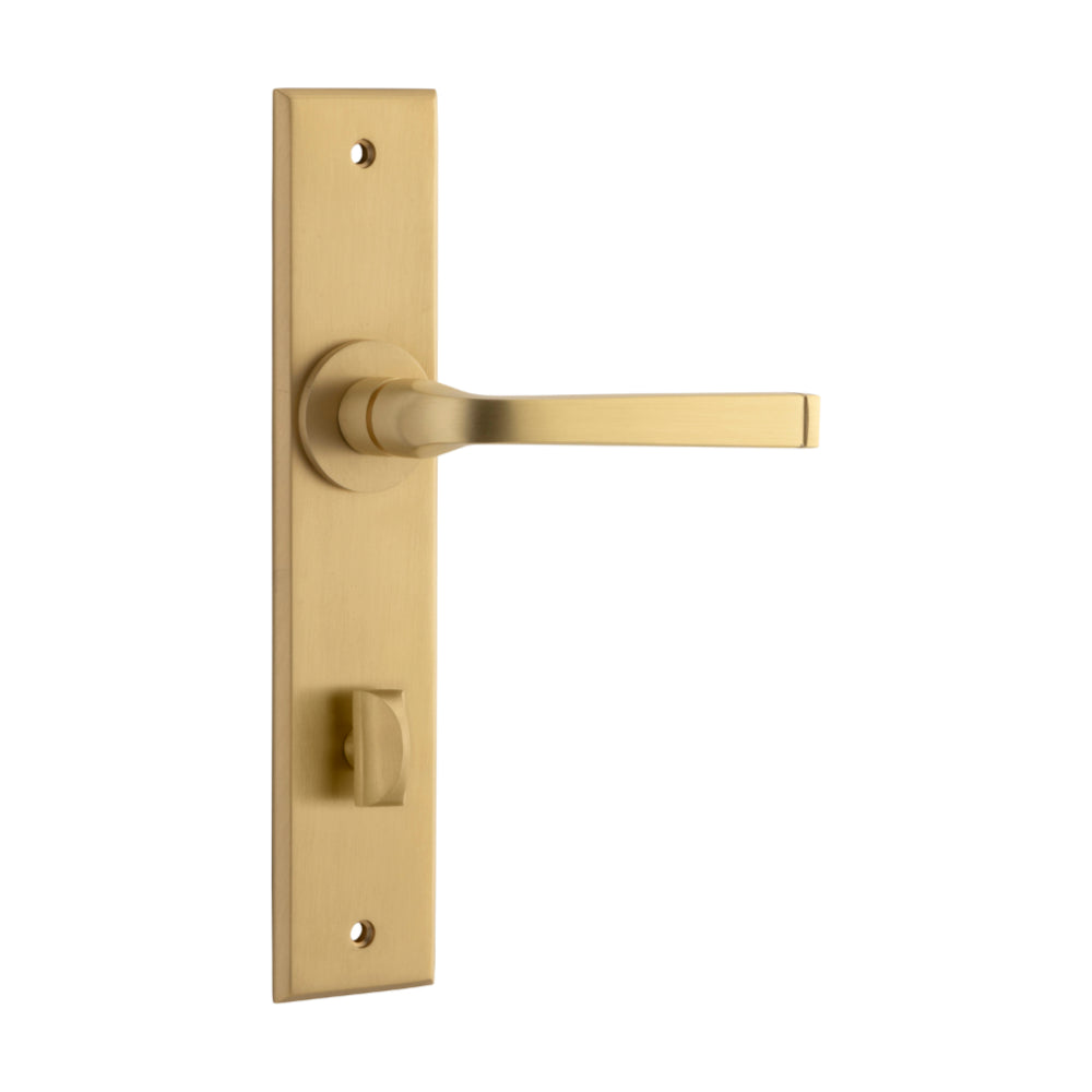 Pair of Iver Annecy lever handle door pulls with chamfered backplates, showcasing their elegant design and polished finish.