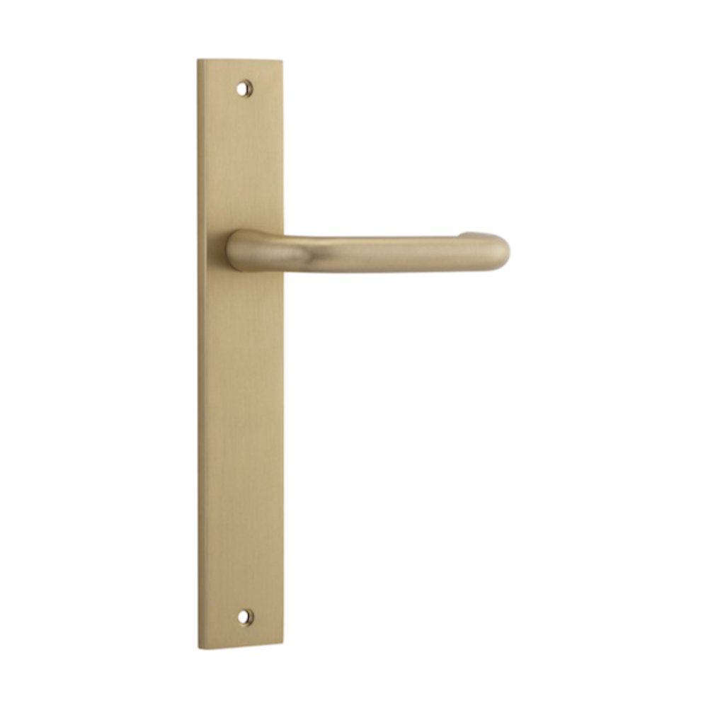 Pair of Iver Oslo Lever handles on rectangular backplates, architectural hardware for doors, in a sleek, modern design.