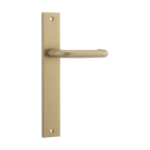 Pair of Iver Oslo Lever handles on rectangular backplates, architectural hardware for doors, in a sleek, modern design.