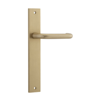 Pair of Iver Oslo Lever handles on rectangular backplates, architectural hardware for doors, in a sleek, modern design.