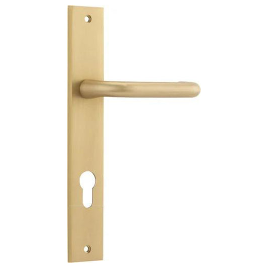Door Lever Oslo Rectangular Euro Pair Brushed Brass CTC85mm L120xP54mm BPH240xW38mm, Mortice Lock Euro Brushed Brass CTC85mm Backset 60mm, Euro Cylinder Key Thumb 5 Pin Brushed Brass 65mm KA4 in Brushed Brass