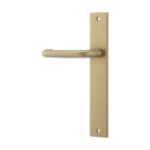 Pair of Iver Oslo Lever handles on rectangular backplates, architectural hardware for doors, with a sleek, modern design.