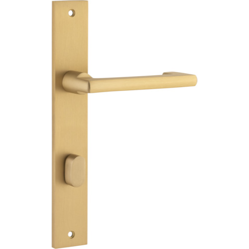 Pair of Iver Baltimore return levers with rectangular backplates, featuring a sleek, modern design in a brushed finish.
