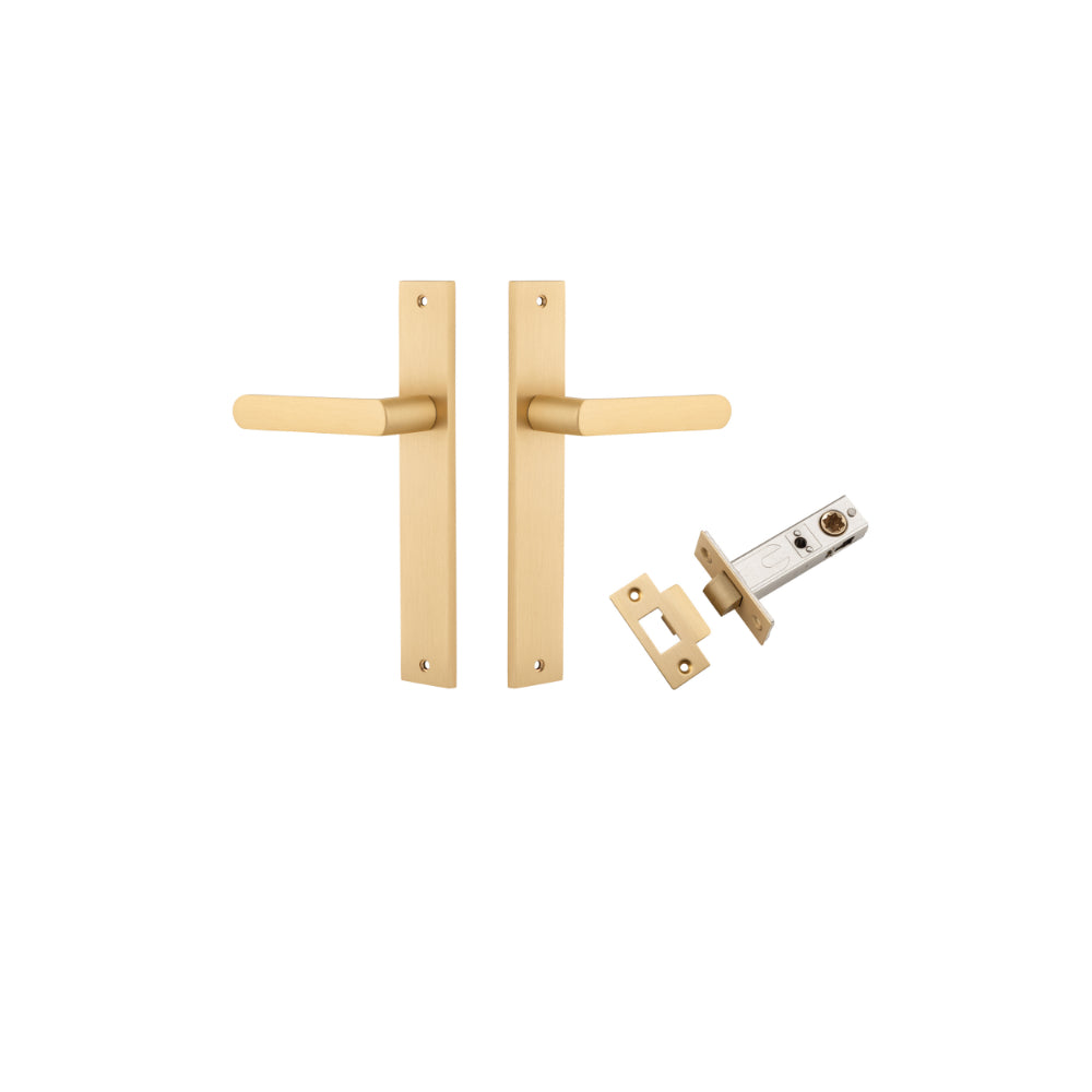 Door Lever Osaka Rectangular Latch Pair Brushed Brass H240xW38xP55mm Passage Kit, Tube Latch Split Cam 'T' Striker Brushed Brass Backset 60mm in Brushed Brass