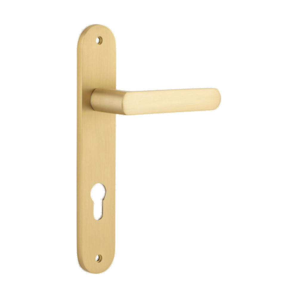 Door Lever Osaka Oval Euro Pair Brushed Brass CTC85mm H240xW40xP55mm in Brushed Brass