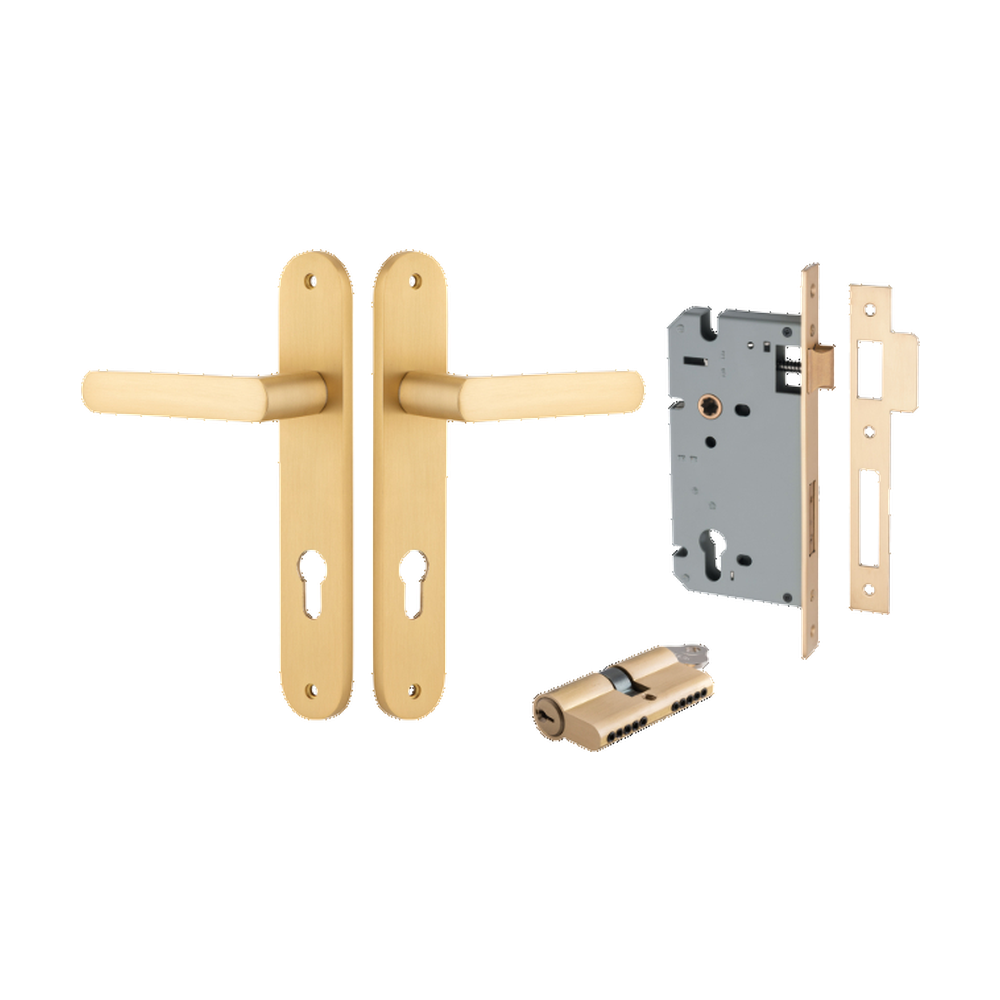 Door Lever Osaka Oval Euro Pair Brushed Brass CTC85mm H240xW40xP55mm Entrance Kit Mortice Lock Euro Brushed Brass CTC85mm Backset 60mm, Euro Cylinder Dual Function 5 Pin Brushed Brass L65mm KA1 in Brushed Brass