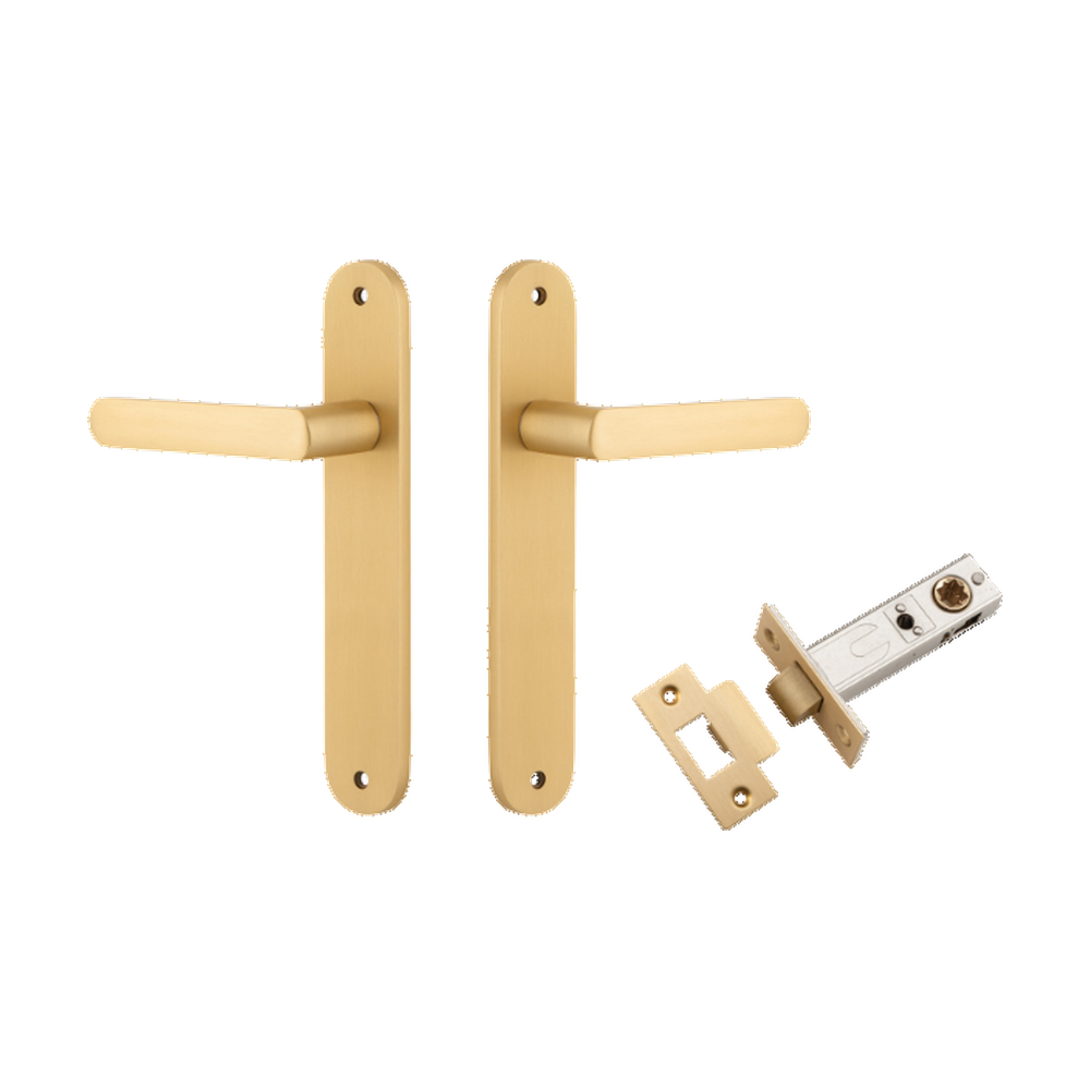 Door Lever Osaka Oval Latch Pair Brushed Brass H240xW40xP55mm Passage Kit Tube Latch Split Cam 'T' Striker Brushed Brass Backset 60mm in Brushed Brass