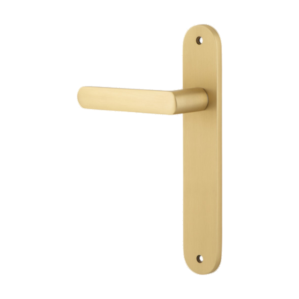 Door Lever Osaka Oval Latch Left Hand Fixed Brushed Brass L120xP52mm BPH240xW40mm in Brushed Brass
