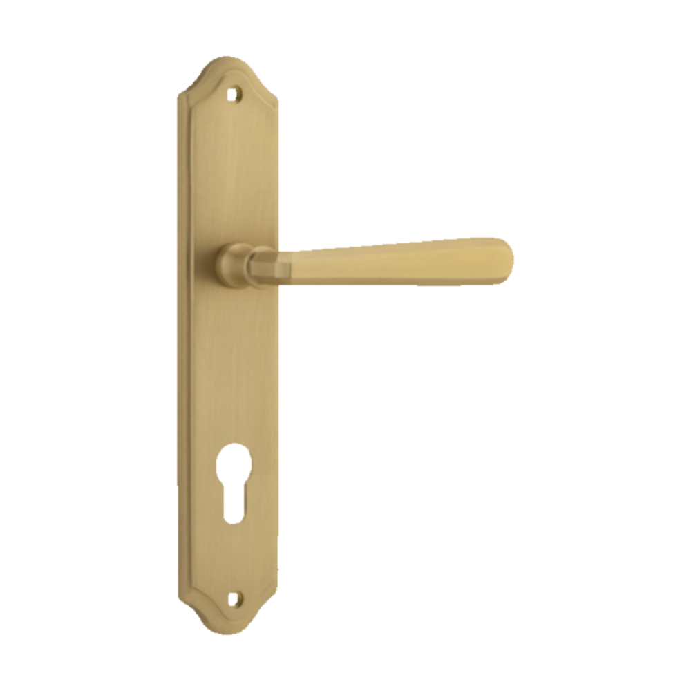 Door Lever Copenhagen Shouldered Euro Pair Brushed Brass CTC85mm H250xW48xP61mm in Brushed Brass